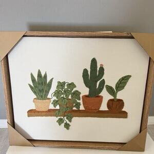 New BP Home Textile Embroidery Woven Art Framed Bookshelf Potted Plants 12x14.5